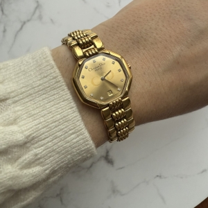 Christian Dior szwajcarski zegarek vintage, damski, koperta 25mm powlekana złotem, oryginalny