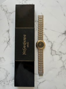 YSL Yves Saint Laurent zegarek kwarcowy złoto-srebrny, duża, czarna koperta 30mm +BOX