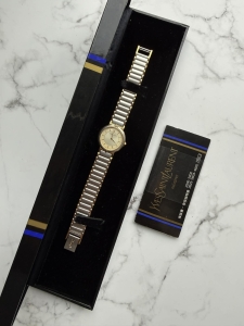 YSL srebrno złoty zegarek vintage, koperta 22mm,  srebrno-złoty, oryginalny 