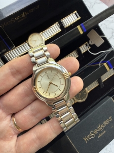 YSL srebrny zegarek vintage, damski, duża i masywna koperta 33mm, złoty cyferblat  + box