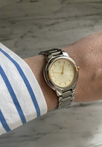 YSL srebrny zegarek vintage, damski, duża i masywna koperta 33mm, złoty cyferblat