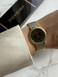 YSL srebrno złoty zegarek vintage, unisex, duża koperta 30mm, czarna tarcza + box (1)