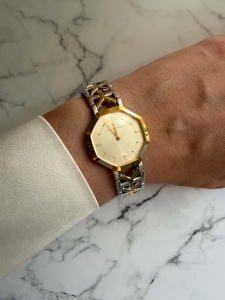 YSL Yves Saint Laurent zegarek vintage, srebrno-złota bransoleta, duża koperta octagon 30mm