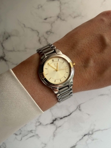 YSL srebrny zegarek vintage, damski, masywna koperta 30mm, złoty cyferblat 