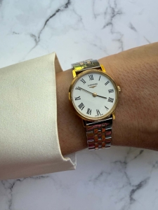 Longines, oryginalny szwajcarski zegarek z naciągiem manualnym, złoto-srebrna bransoleta bicolor