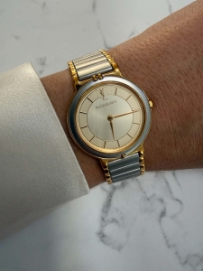 YSL srebrno złoty zegarek vintage, unisex, duża koperta 30mm, złoto-srebrny