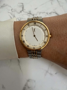 YSL srebrno złoty zegarek vintage, duża koperta 32mm, biały, rzymski cyferblat