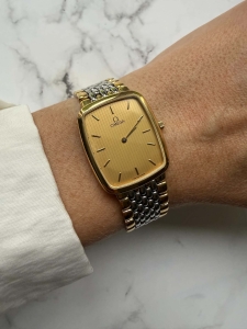 OMEGA DeVille szwajcarski zegarek vintage, oryginalny, złoto-srebrna bransoleta, prostokąt 26x30mm