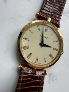 GUCCI szwajcarski zegarek vintage, oryginalny, duża złota koperta 30mm