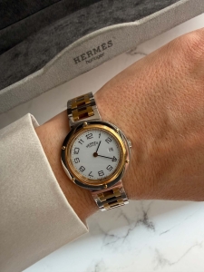 Hermès Clipper, srebrno-złoty zegarek unisex, oryginalny, w pięknym stanie, koperta 34mm + box